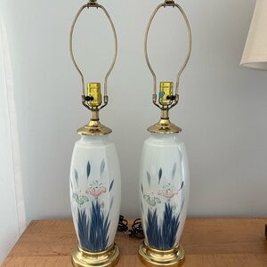 Pair of Hand Painted Leviton Porcelain and Brass Lamps Iris’s Floral